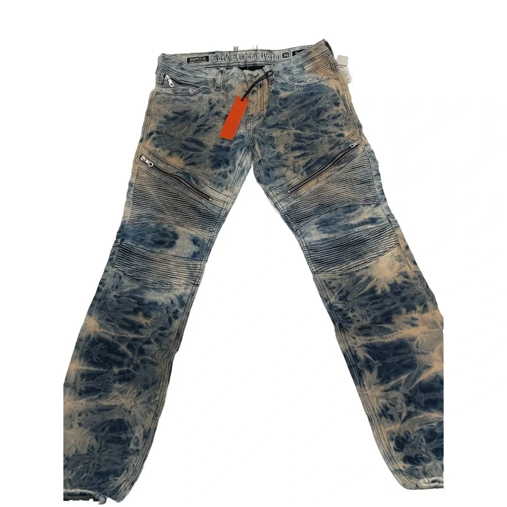 ROCK REVIVAL Daviday Moto Blue Acid Wash Distressed Jeans 34 x 32 Brand New